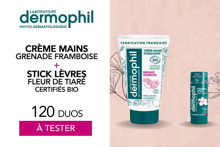 Crème Mains Grenade Framboise et Stick lèvres Fleur de Tiaré certifiés BIO de Dermophil : 120 duos à tester !
