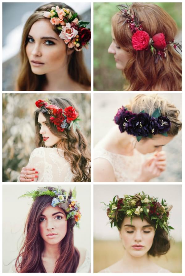 des couronnes de fleurs pour accessoiriser une coiffure de mariée d'automne