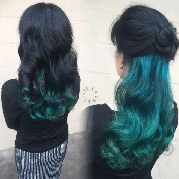 underlights turquoise sur cheveux très foncés