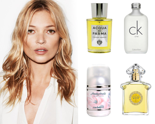 Les parfums préférés de Kate Moss : Acqua Di Parma de Colonia et CK One de Calvin Klein, Anaïs Anaïs de Cacharel et L'Heure Bleue de Guerlain